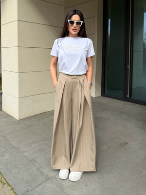 BEIGE WIDE PINSTRIPE PANTS
