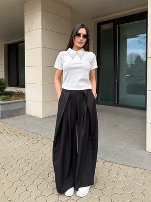 BEIGE WIDE PINSTRIPE PANTS