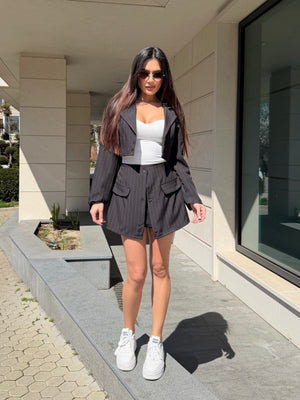 BLACK PINSTRIPE SKORT SET