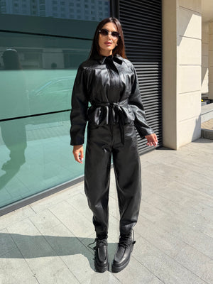 BLACK LEATHER JACKET – Faux Leather Belted Jacket