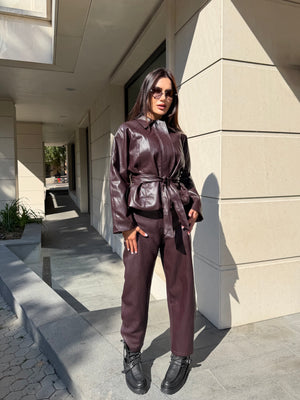 OXBLOOD LEATHER JACKET – Faux Leather Belted Jacket